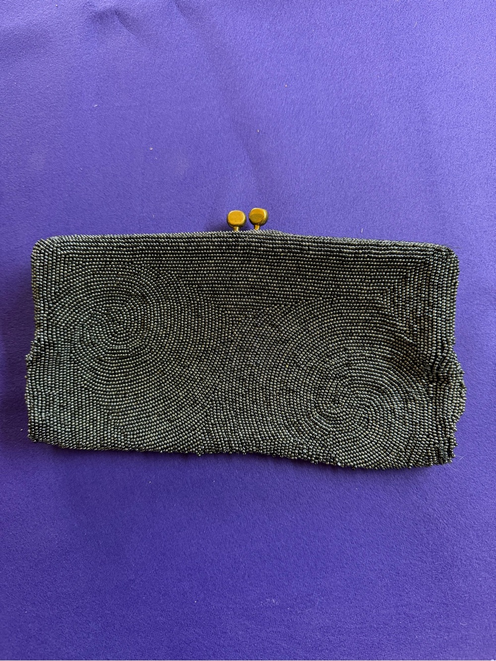 Neiman Marcus Black Beaded Clutch with Gold Kiss-Lock Detail